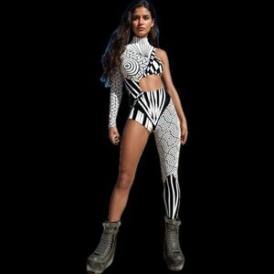 Devil Walking BLACK & WHITE asymmetrical bodysuit - BRAND NEW - Festival Rave SM